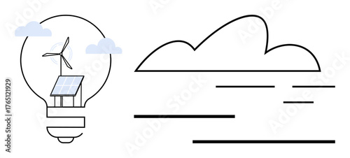 Light bulb containing a wind turbine and solar panel, symbolizing sustainable energy. Adjacent minimalist cloud and lines evoke clean, eco-friendly innovation. Ideal for sustainability, energy