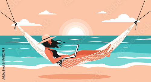 Woman relaxing in hammock using laptop at the beach on vacation freelancing work