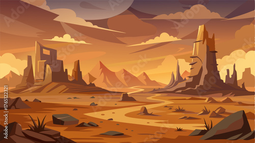 A desolate wasteland adorned only by tered rocky mesas and mountain peaks.