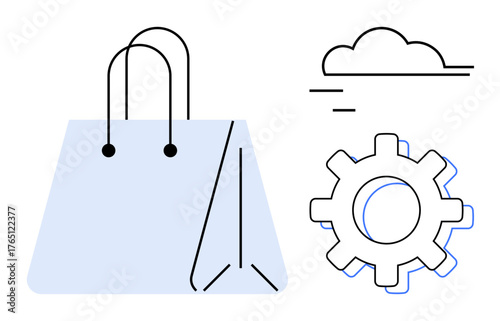 Shopping bag, gear, and cloud design reflect e-commerce, automation, cloud storage, and digital connection. Ideal for technology, business, innovation retail marketing engineering and teamwork