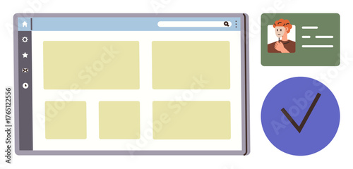 Web browser displaying sections and tabs, user profile ID with photo and data, large checkmark. Ideal for identity, authentication, approval, UX design, security verification organization. Clean