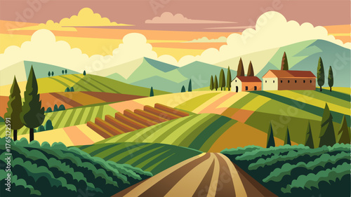 A charming countryside vista rolling hills adorned with row after row of sunkissed grapevines painting a stunning portrait of rustic simplicity.