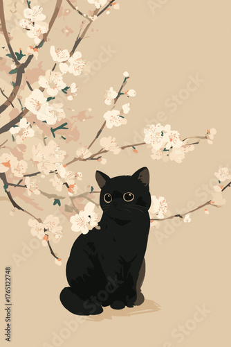 Black Cat with Cherry Blossom Branches on Beige Background, Minimal Spring Illustration