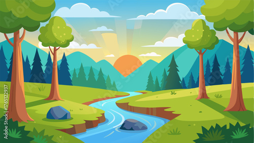 An idyllic meadow surrounded by towering trees where a babbling brook runs through the center and sunlight dances off the water.