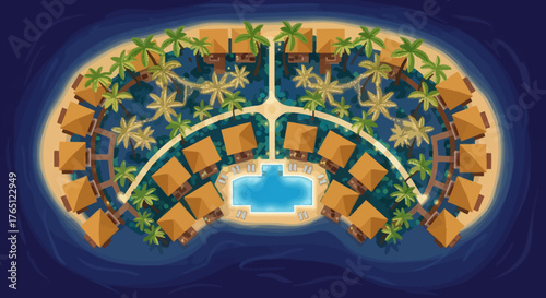 Aerial View of Tropical Island Resort with Villas and Pool.