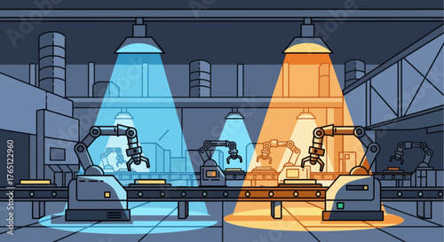 Automated Factory Production Line with Robotic Arms.