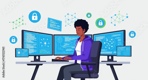 African American Woman Cybersecurity Professional Working on Multiple Computers.