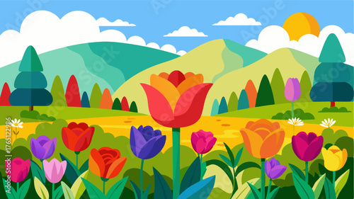 A landscape bursting with life as fields of tulips roses and irises create a lively and enchanting scenery.