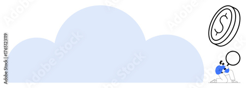 Man with magnifying glass inspecting giant cloud and large coin symbol. Ideal for cloud computing, fintech, data analysis, financial strategy, economy, investment, modern technology. Simple flat