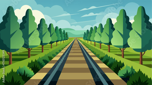 Along the railway rows of tall trees stand tall providing a natural barrier between the tracks and the open fields.