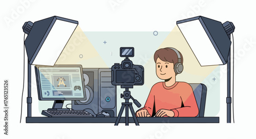 Content Creator Recording Video with Camera and Lighting.