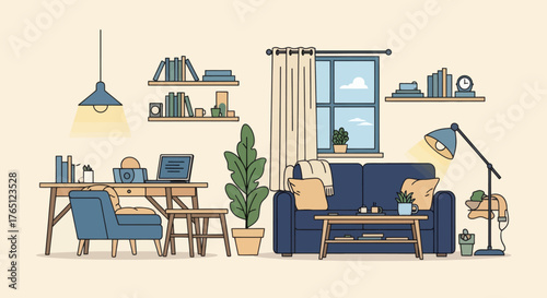 Cozy Living Room Interior with Desk and Sofa.