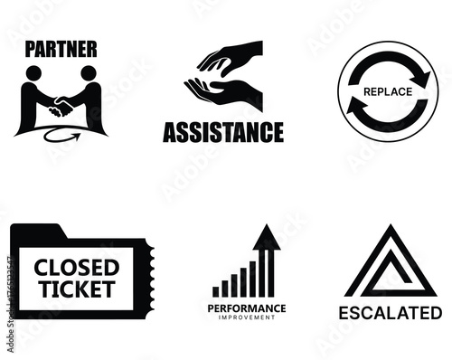 Set of business process and support icons, collection of symbols for partnership, performance, and ticket resolution, for project management, isolated vector.