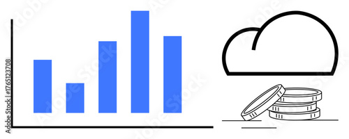 Bar graph illustrating financial growth paired with cloud and coin stack representing cloud storage, savings, or digital currency. Ideal for finance, technology, data visualization, investment
