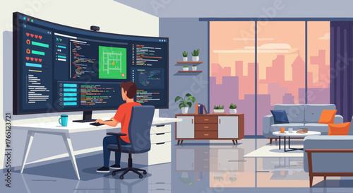 Developer Working on Code with Large Monitor in Modern Office.