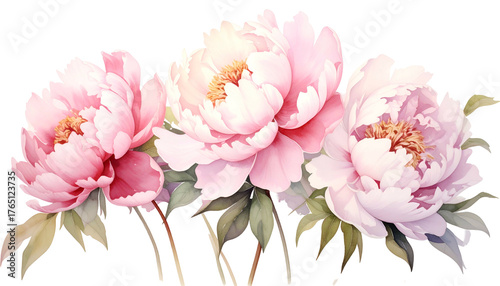 Three pink peonies in watercolor, soft petals, golden centers, green leaves, black background