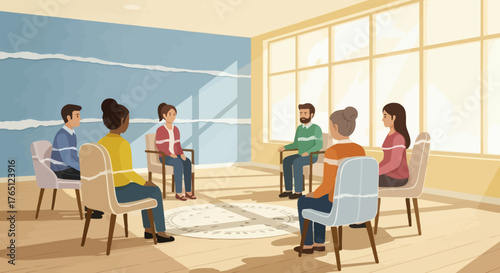 Diverse Group of People Engaged in a Support Group Meeting or Therapy Session.
