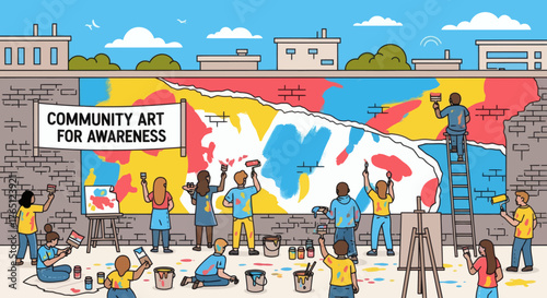 Diverse Group of People Collaborating on a Community Art Mural for Awareness.