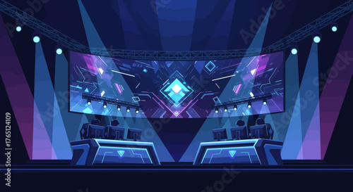 Esports Arena Stage with Gaming Computers and Large Screen.