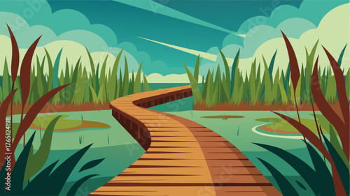 A meandering wooden pathway a the reeds providing an immersive experience in the tranquil and diverse wetland environment.