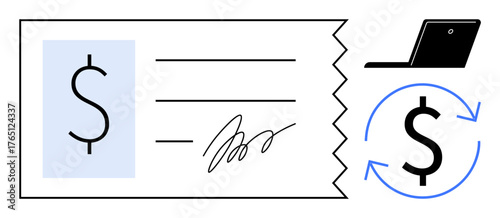 Check with dollar sign, signature, laptop, and recurring arrow icon emphasizes financial management, automation, e-commerce, accounting, budget planning online payments and money transfer. Simple