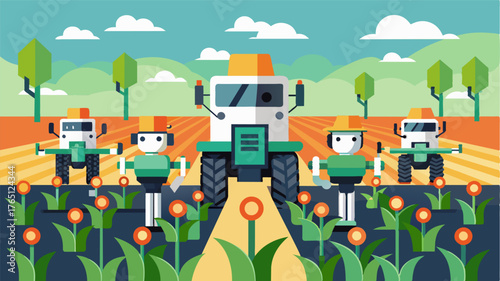 A group of robotic crop thinning machines team up to effectively and efficiently cover large acres of crops in a fraction of the time it would take human labor.. Vector illustration