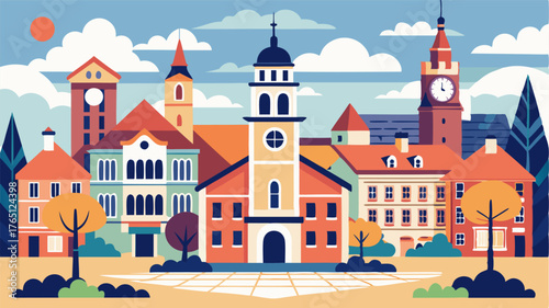 An idyllic town square centered around a town hall with a clock tower surrounded by intricately designed buildings showcasing colonialera architecture.