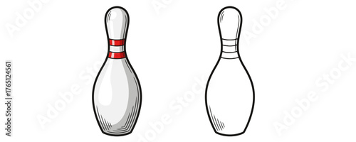 Vector illustration of bowling pin with red stripes in cartoon style, black and white sketch and colorful hand drawn art on white background