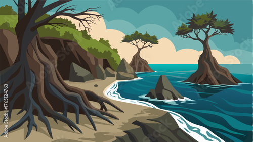 A rugged coastline dotted with gnarled mangrove trees their twisted roots gripping onto the rocky shore as they create a haven for marine life.