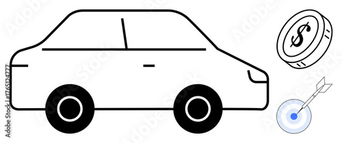 Sedan outline, dollar coin, and target with dart highlight financial planning, budget management, savings, transportation cost, insurance, economic efficiency and investment decisions. Simple flat