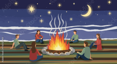 Friends Gathered Around a Campfire Under a Starry Night Sky.