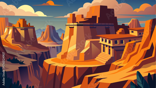 A dramatic canyon landscape with massive rock formations once home to a thriving community that constructed intricate cliff dwellings as part of their cultural practices.
