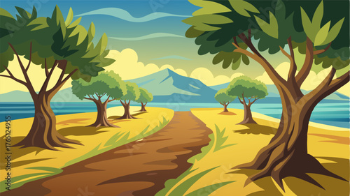 A peaceful olive grove with ancient olive trees casting dappled shadows on the sunkissed ground and a distant view of the glistening sea.