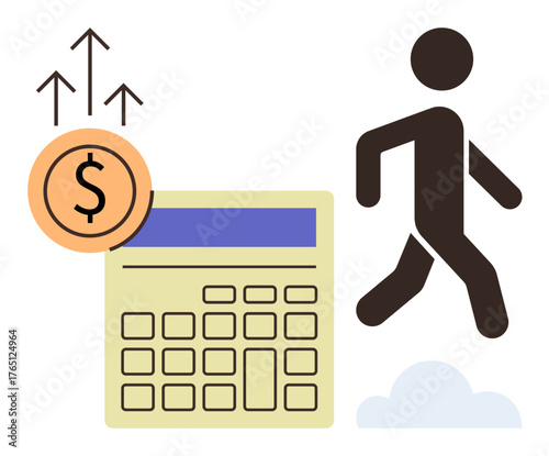 Dollar coin with upward arrows next to a calculator and walking figure. Ideal for finance, business planning, success, earnings growth, investment, goal setting, and progress. Clean flat metaphor