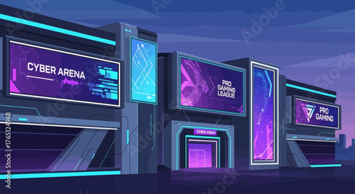 Futuristic Cyber Arena Building with Neon Lights and Large Screens.