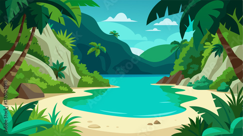 A hidden cove on a tropical island with white sand and aquamarine waters framed by a dense jungle of exotic plants and trees.