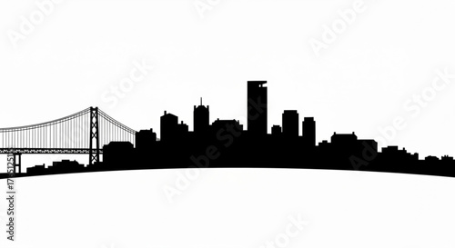 Silhouette of a city skyline with a bridge spanning across the water in the distance, against white backdrop