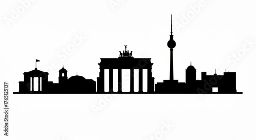 Silhouette of berlin skyline featuring brandenburg gate and television tower in black and white style