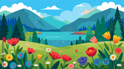 A postcardworthy view of a tranquil lake bordered by a vibrant meadow bursting with an array of wildflowers from delicate daisies to colorful poppies.