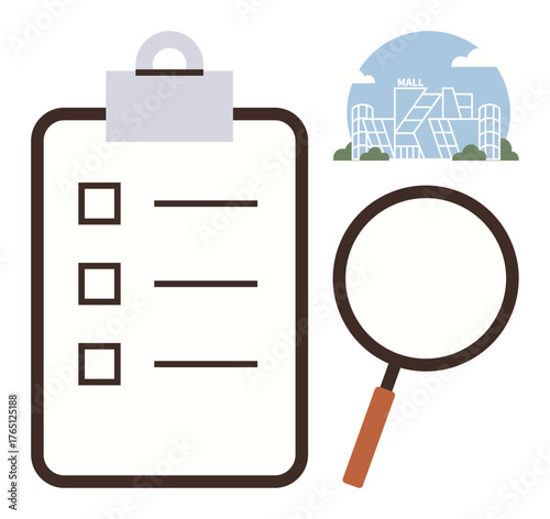 Clipboard with checklist, magnifying glass, and modern shopping mall building. Ideal for planning, research, evaluation, retail strategy, urban design, consumer behavior simple flat metaphor