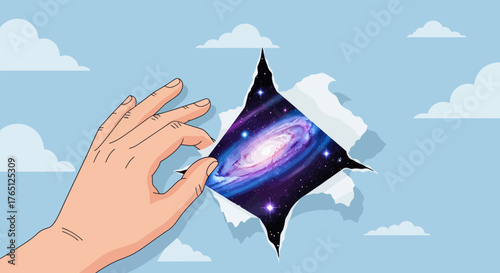 Hand Peeling Back Sky to Reveal Galaxy and Stars.