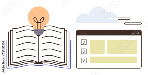 Open book with light bulb representing ideas and knowledge, alongside checklist on interface for organization. Ideal for education, creativity, productivity, brainstorming, innovation, planning