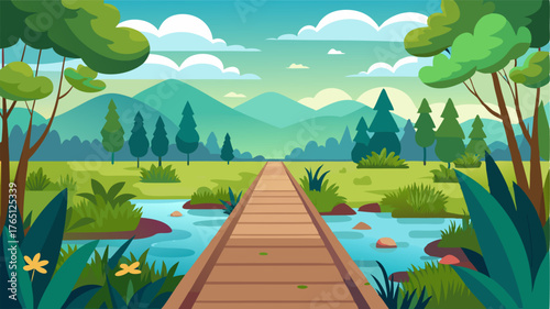 A peaceful walk through a wetland on a wooden boardwalk allowing visitors to get lost in the enchanting sights and sounds of this natural oasis.