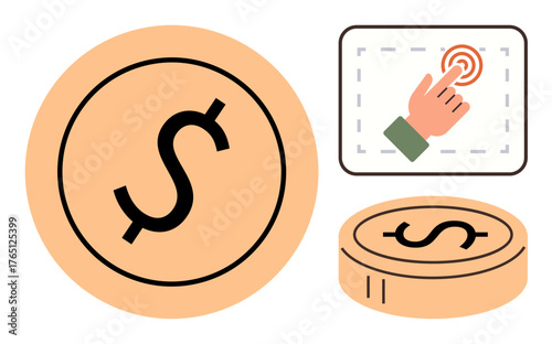 Dollar coin, hand tapping on screen icon. Ideal for digital payment, online shopping, e-commerce, financial technology, banking services, transaction economic value. Simple flat metaphor