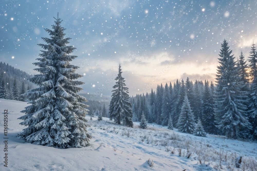 Naklejka premium Snowy Pine Forest Winter Landscape Christmas Background