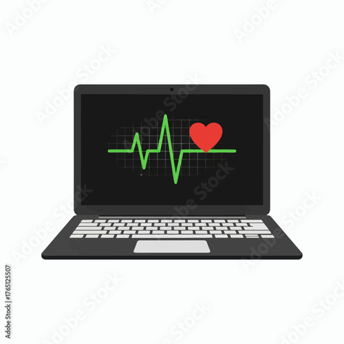 Laptop displaying a heartbeat monitor with a red heart icon.