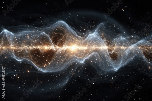 Abstract fractal light background, sparkling particles and waves of light. Use it to illustrate science, technology, energy, or cosmos concepts.