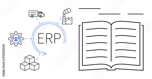 ERP workflow and supply chain icons, including factory, truck, gear, and stacked cubes. Open book represents documentation or learning. Ideal for ERP, logistics, supply chain software integration