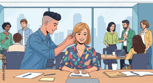 Man adjusting a womans earpiece during a busy office meeting.