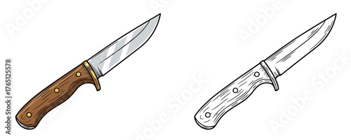 Vector illustration of vintage hunting knife with wooden handle and shiny metal blade, black and white sketch and colorful hand drawn art on white background